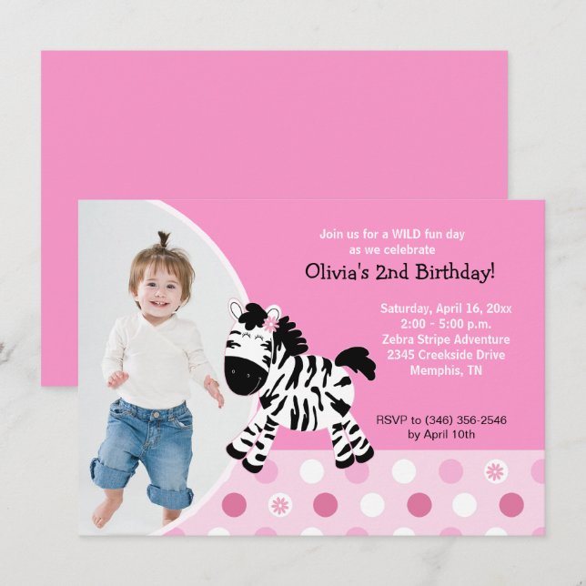 Convite de aniversário para uma garota de zebra ro (Frente/Verso)