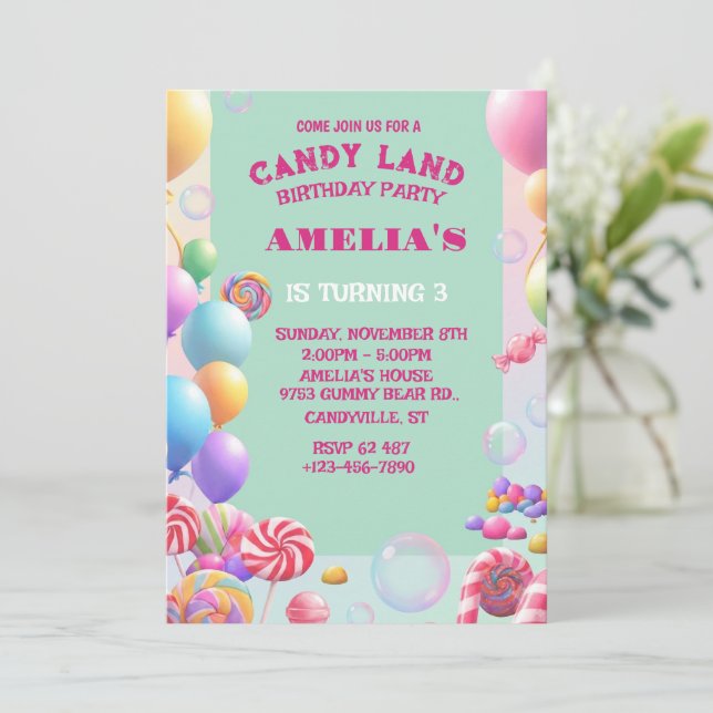 Convite de Aniversário Pastel Candy Land (Em pé/Frente)
