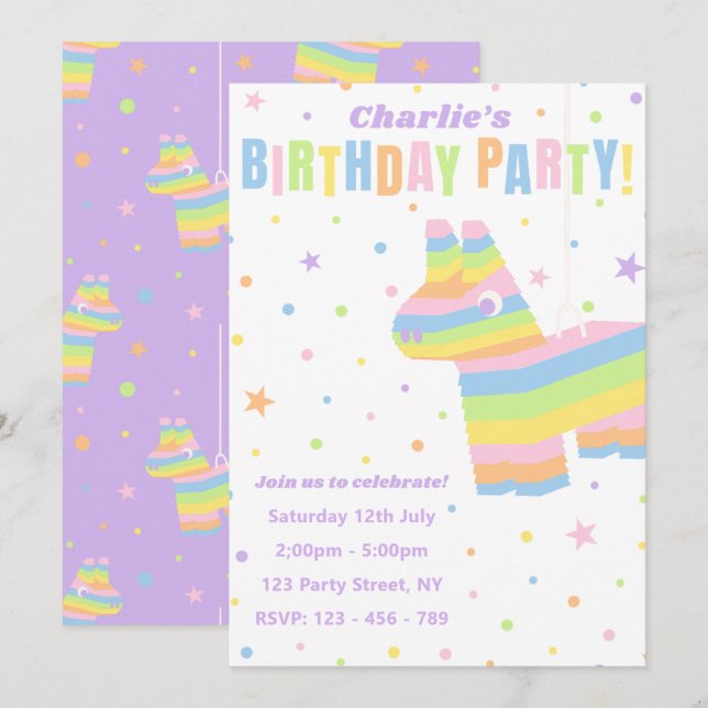 Convite de Aniversário Pastel Rainbow Piñata (Frente/Verso)