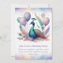 Convite de Aniversário Pavão Elegante Boho 