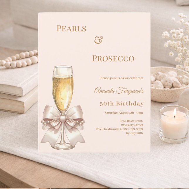 Convite de aniversário Pearls Prosecco laço marfim (Criador carregado)