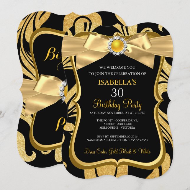 Convite de Aniversário Pérola Dourada Arco Damasko (Frente/Verso)