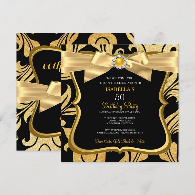 Convite de Aniversário Pérola Dourado Amarelo Laço (Frente/Verso)