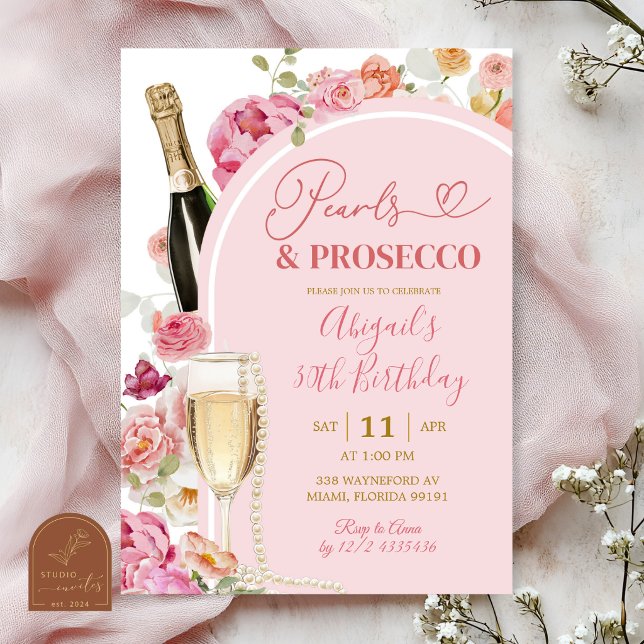Convite de Aniversário Pérolas e prosecco Floral C (Criador carregado)