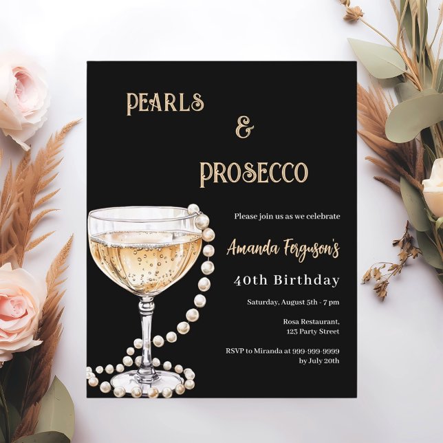 Convite de aniversário Pérolas Prosecco ouro preto (Criador carregado)