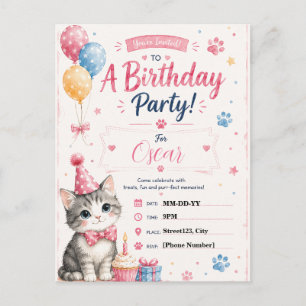Convite de Aniversário Personalizado de Gato em Aq