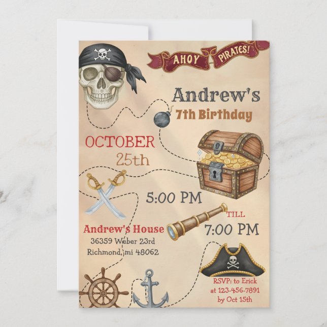 Convite de Aniversário Personalizado de Pirata (Frente)