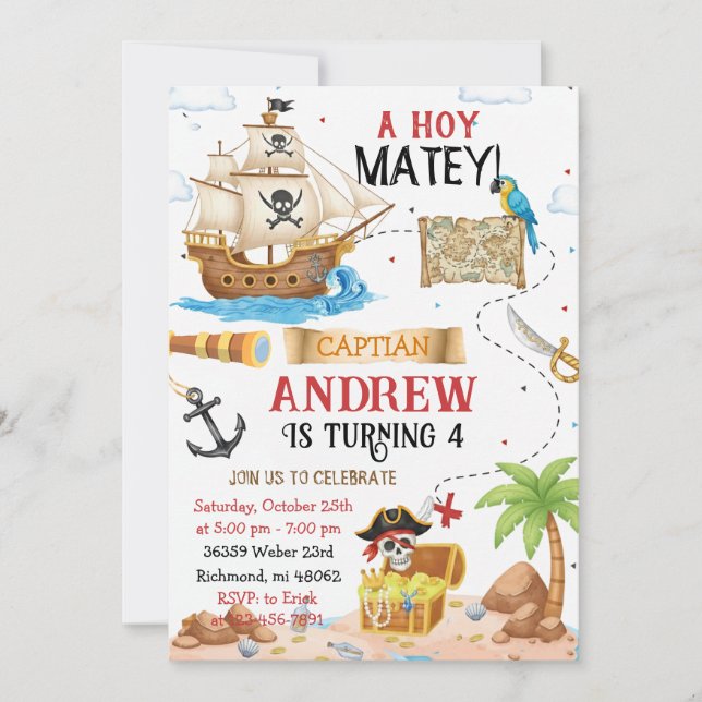 Convite de Aniversário Personalizado de Pirata (Frente)