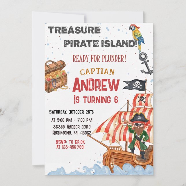 Convite de Aniversário Personalizado de Pirata (Frente)