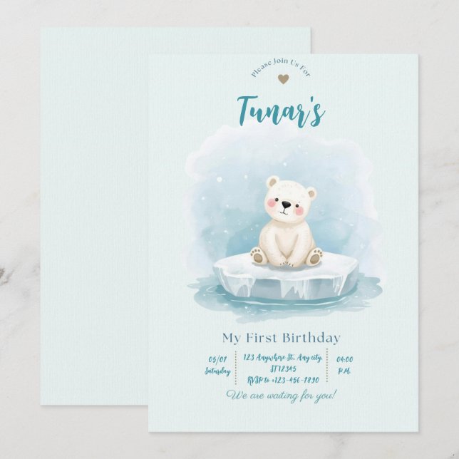 Convite de Aniversário Personalizado de Urso Polar (Frente/Verso)