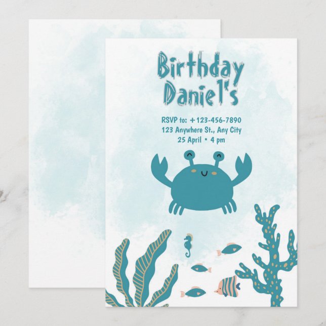 Convite de Aniversário Personalizado do Caranguejo (Frente/Verso)