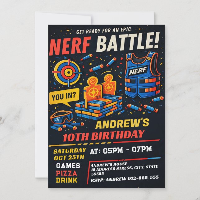 Convite de Aniversário Personalizado do Nerf para  (Frente)
