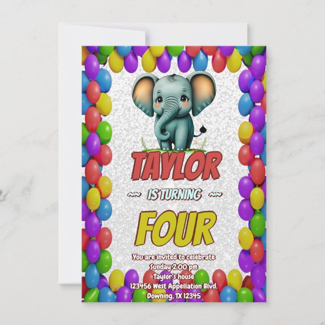 Convite de Aniversário Personalizado Elefante Fofo (Frente)