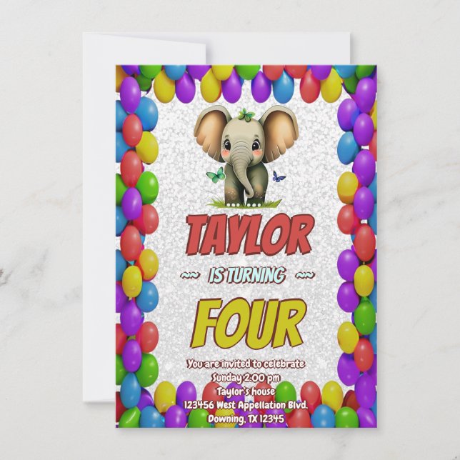 Convite de Aniversário Personalizado Elefante Fofo (Frente)