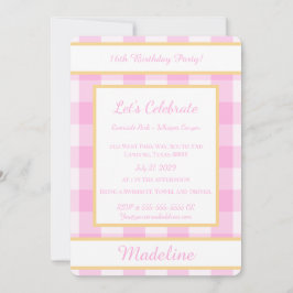Convite de Aniversário Personalizado Gingham Rosa