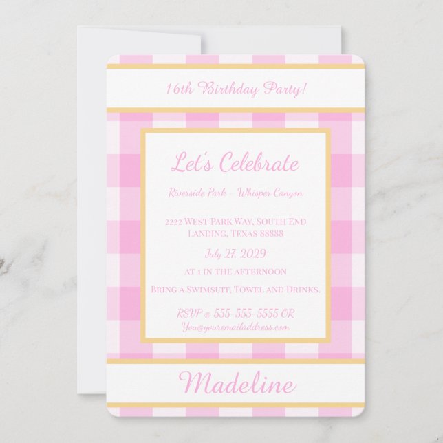 Convite de Aniversário Personalizado Gingham Rosa (Frente)
