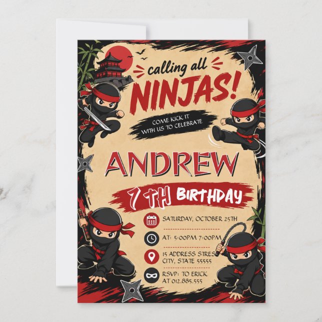 Convite de Aniversário Personalizado Ninja Samurai (Frente)