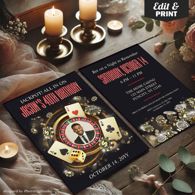 Convite de Aniversário Personalizado para Festa de (Custom Photo Casino Birthday Party Invite, Casino Invitation with Photo)