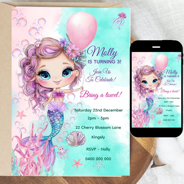 Convite de Aniversário Personalizado para Sereia (Personalized Watercolor Mermaid Birthday Invitation | Editable Text | Digital or Printed | Coloring )
