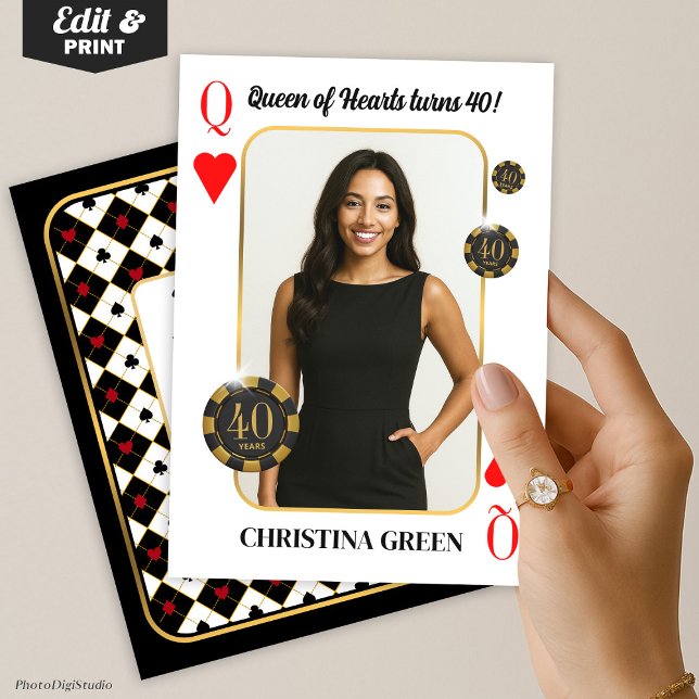 Convite de Aniversário Personalizado Rainha de Cop (Custom Queen of Hearts Birthday Invite with Photo, Casino Invitation)