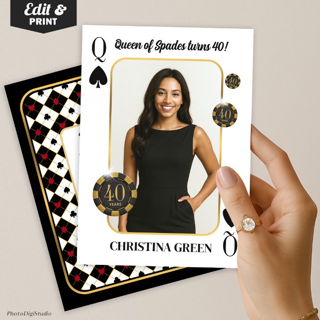 Convite de Aniversário Personalizado Rainha de Esp (Custom Queen of Spades Birthday Invite with Photo, Casino Invitation)