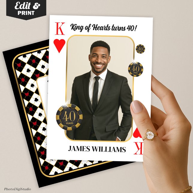 Convite de Aniversário Personalizado Rei de Copas, (Custom King of Hearts Birthday Invite with Photo, Casino Invitation )