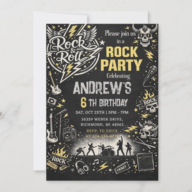 Convite de Aniversário Pessoal de Rock and Roll (Frente)