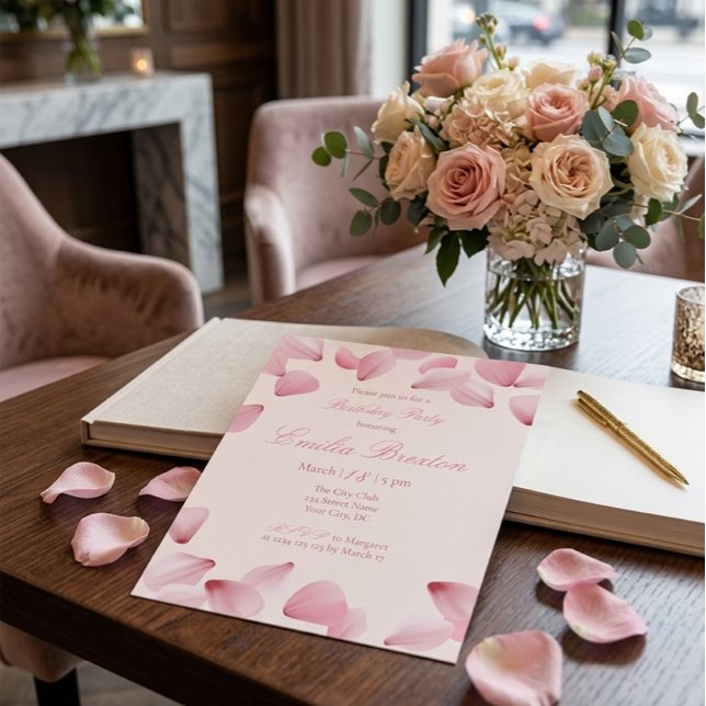 Convite de Aniversário Pétalas de Rosa Rosa Bege E (Criador carregado)
