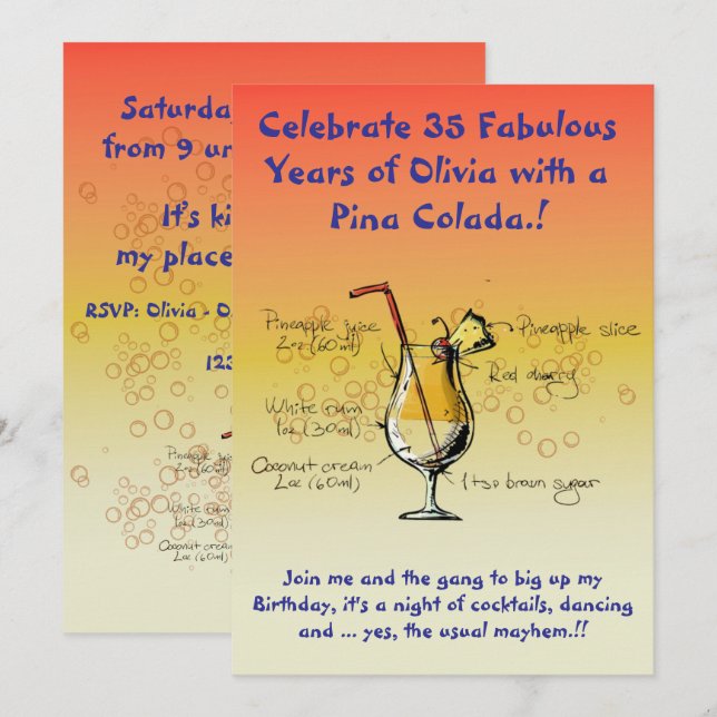 Convite de aniversário Pina Colada (Frente/Verso)
