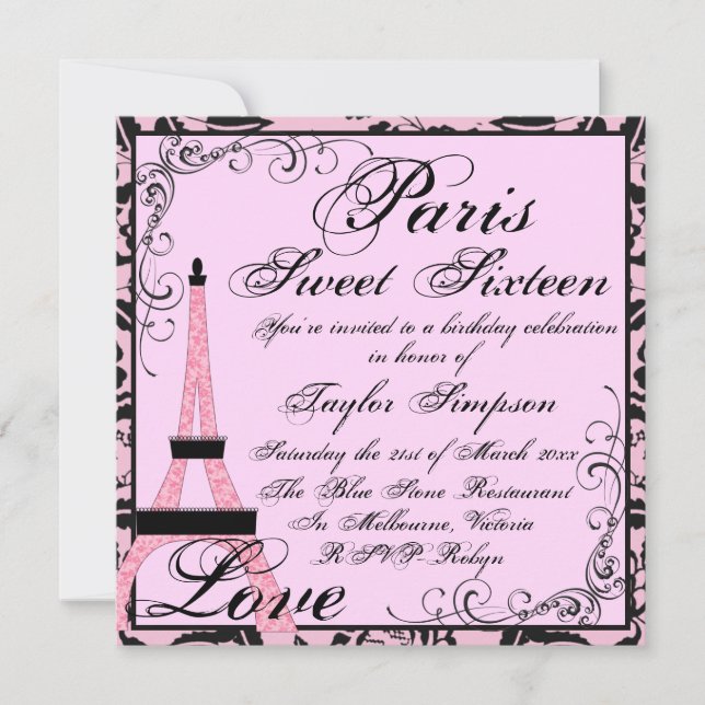 Convite de Aniversário Pink/Black Paris Sweet16 (Frente)