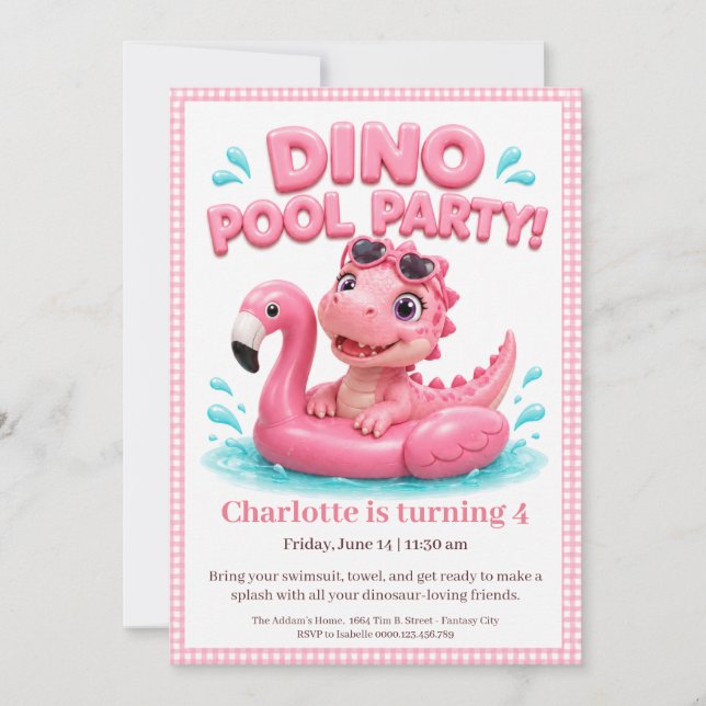 Convite de Aniversário Pink Dino-Mite para Festa d (Frente)