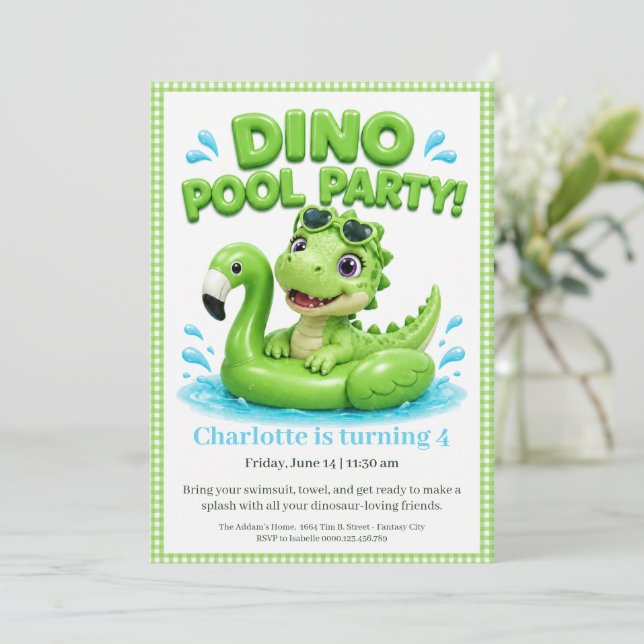 Convite de Aniversário Pink Dino-Mite para Festa n (Em pé/Frente)