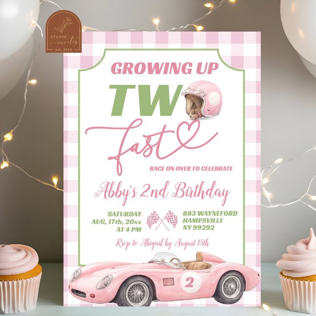 Convite de Aniversário Pink Preppy Retro TWO FAST (Criador carregado)