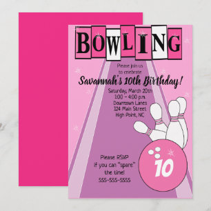 Convite de Aniversário Pink Retro Bowling para Qua