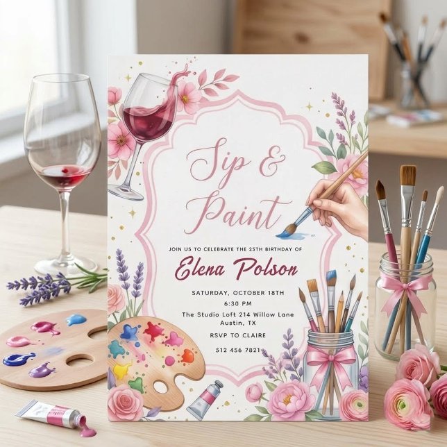 Convite de Aniversário Pink Sip And Paint (Criador carregado)