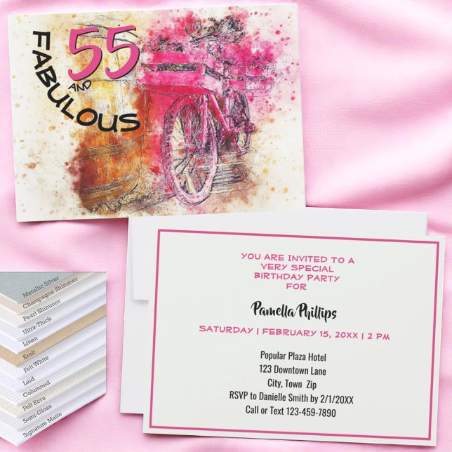 Convite de aniversário Pink Splash 55 Anos (invitation template front and back)