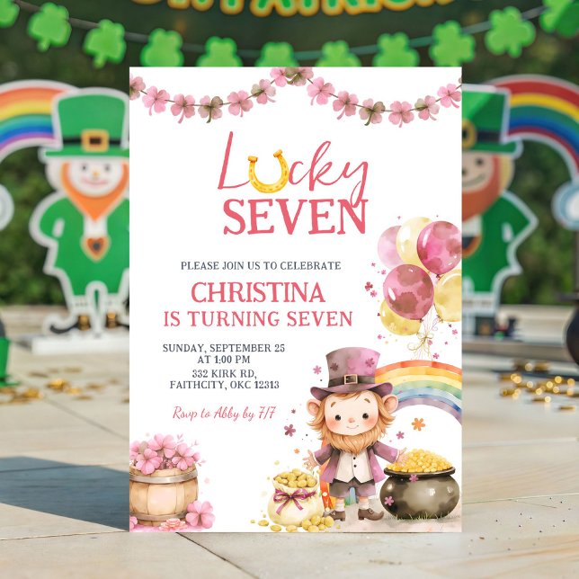 Convite de Aniversário Pink St Patrick Lucky Seven (Criador carregado)