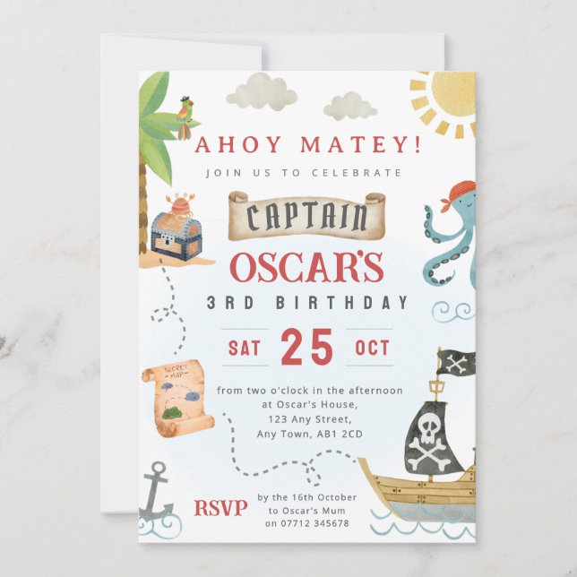 Convite de Aniversário Pirata Ahoy Matey (Frente)