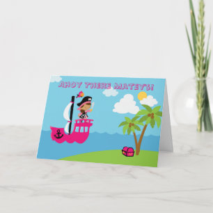 Convite de aniversário pirata de menina rosa-branc