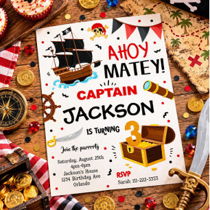 Convite de Aniversário Pirata Preto Vermelho