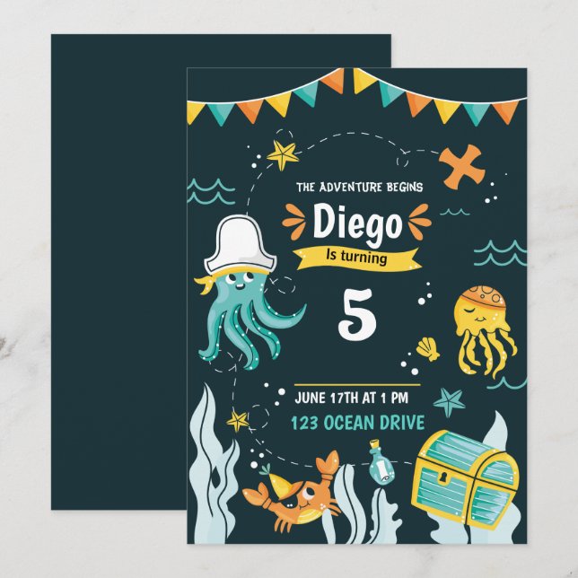Convite de Aniversário Pirata Sob o Mar (Frente/Verso)