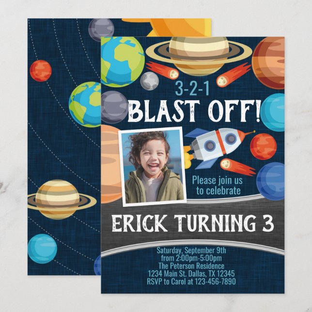 Convite de aniversário Planeta Espacial (Frente/Verso)