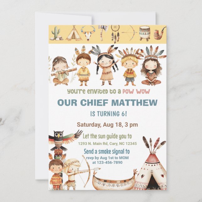 Convite de aniversário Pow Wow para nativos americ (Frente)