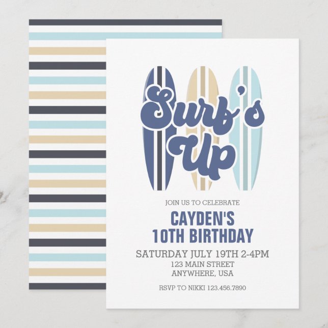 Convite de Aniversário Praia de Surf's Up Surfboar (Frente/Verso)