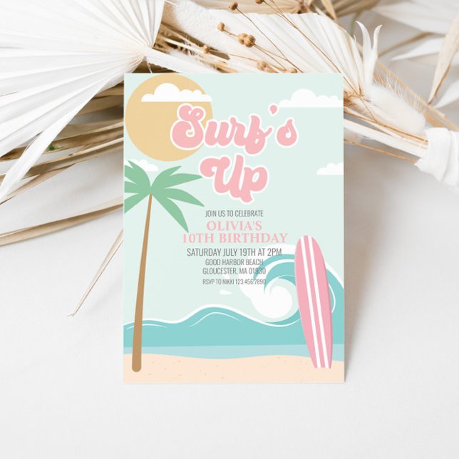 Convite de Aniversário Praia Rosa Surfs Up (Criador carregado)