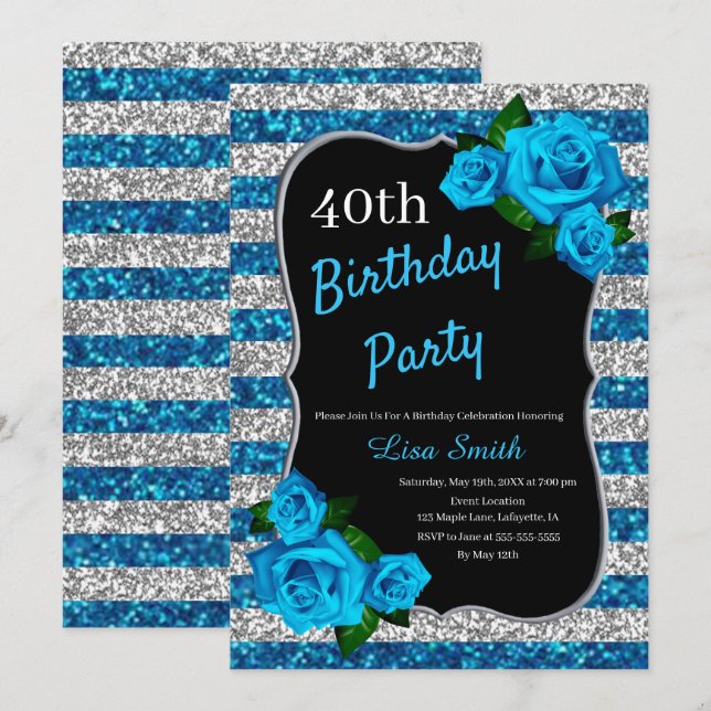 Convite de Aniversário Prata Azul Listras Brilho R (Frente/Verso)