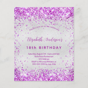 Convite de aniversário prateado roxo rosa orçament