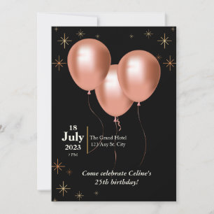 Convite de aniversário - preto com balões dourado-