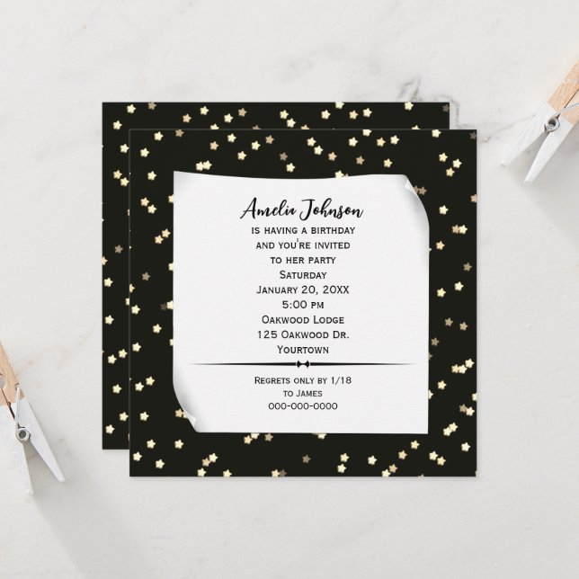 Convite de Aniversário Preto com Estrelas Douradas (Frente/Verso In Situ)