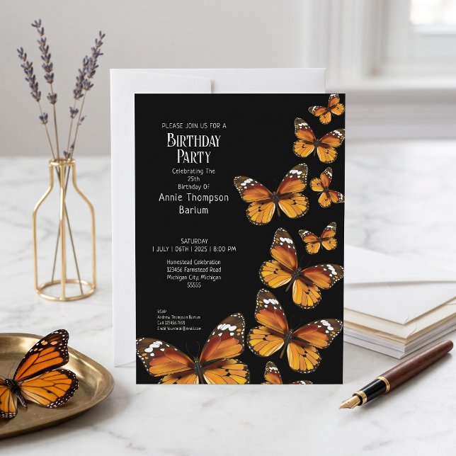 Convite de Aniversário Preto da Borboleta Monarca  (Invite friends to flutter by for a beautiful butterfly birthday bash.)